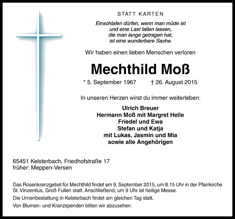  Traueranzeige für Mechthild Moß vom 05.09.2015 aus Neue Osnabrücker Zeitung GmbH & Co. KG