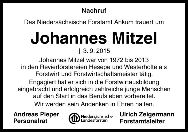  Traueranzeige für Johannes Mitzel vom 09.09.2015 aus Neue Osnabrücker Zeitung GmbH & Co. KG