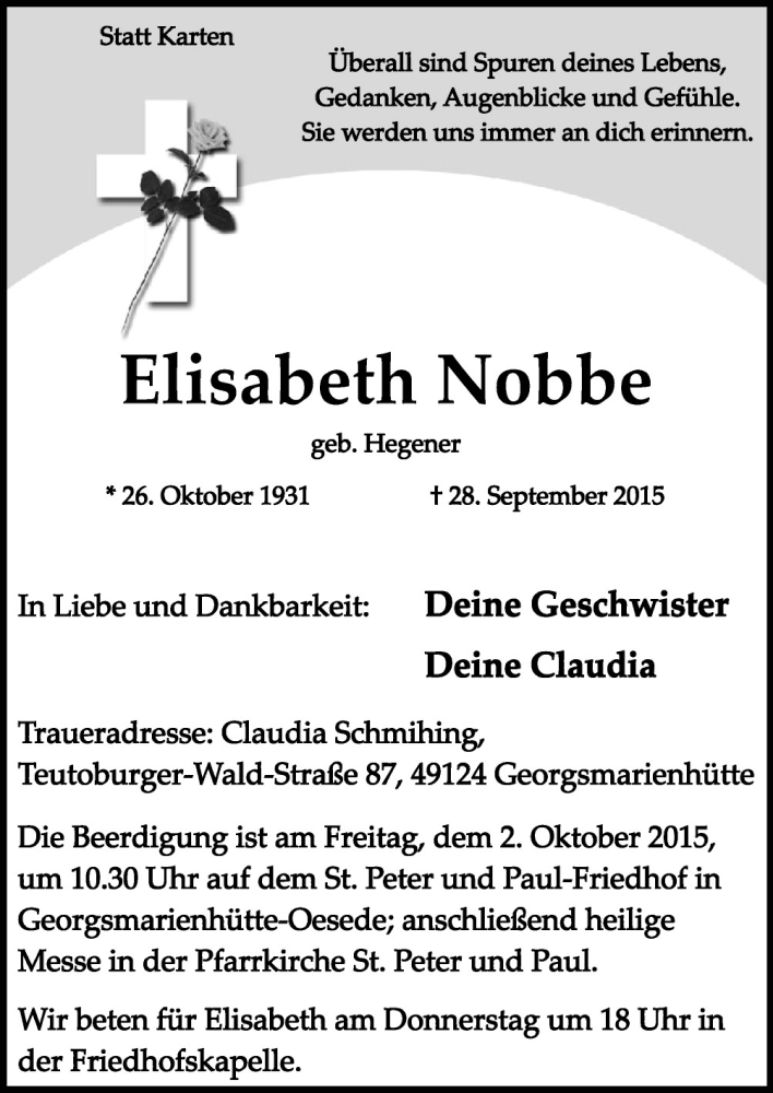  Traueranzeige für Elisabeth Nobbe vom 30.09.2015 aus Neue Osnabrücker Zeitung GmbH & Co. KG