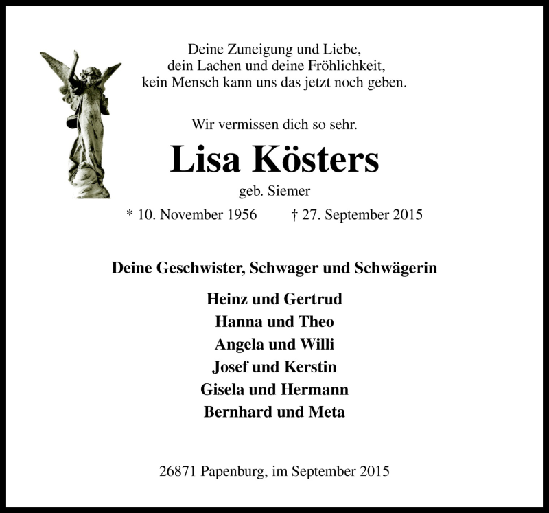  Traueranzeige für Lisa Kösters vom 29.09.2015 aus Neue Osnabrücker Zeitung GmbH & Co. KG