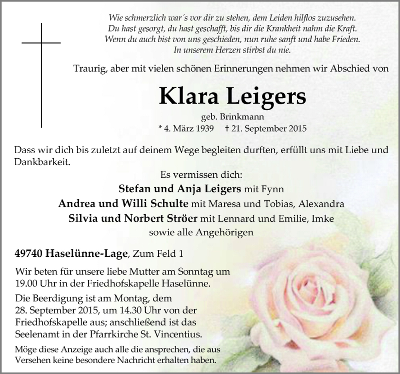  Traueranzeige für Klara Leigers vom 23.09.2015 aus Neue Osnabrücker Zeitung GmbH & Co. KG