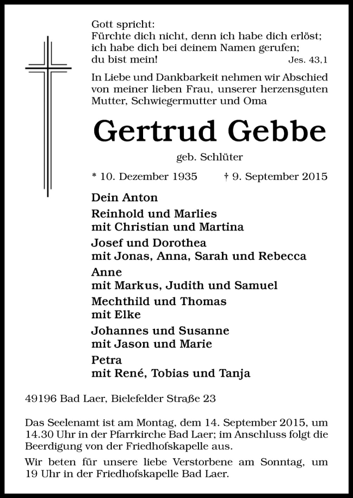  Traueranzeige für Gertrud Gebbe vom 11.09.2015 aus Neue Osnabrücker Zeitung GmbH & Co. KG