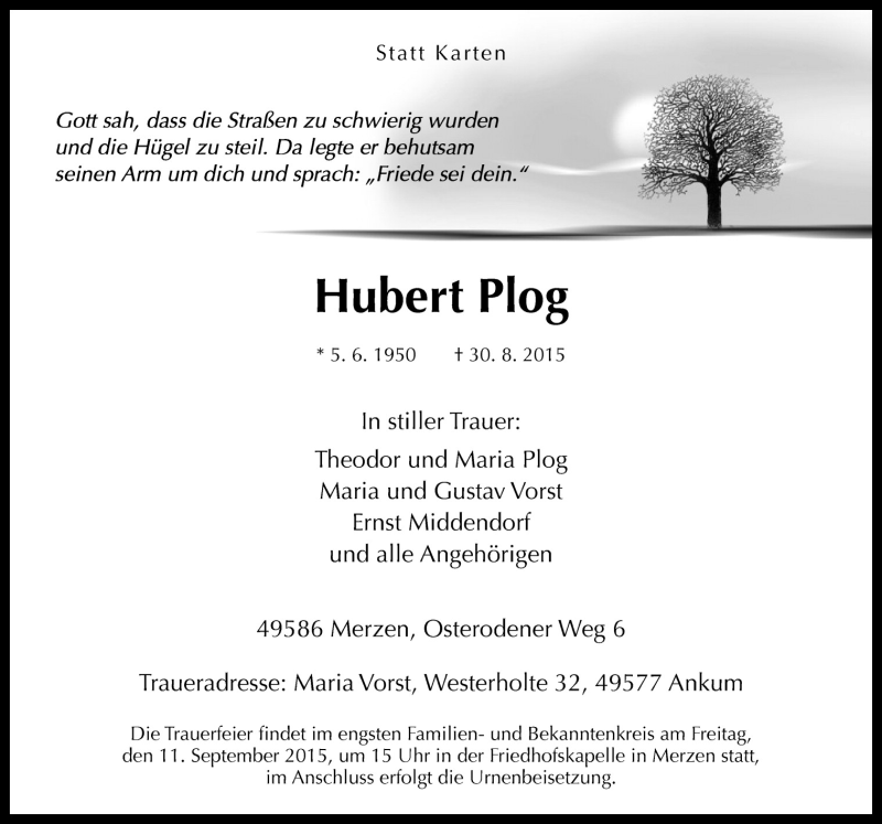  Traueranzeige für Hubert Plog vom 08.09.2015 aus Neue Osnabrücker Zeitung GmbH & Co. KG