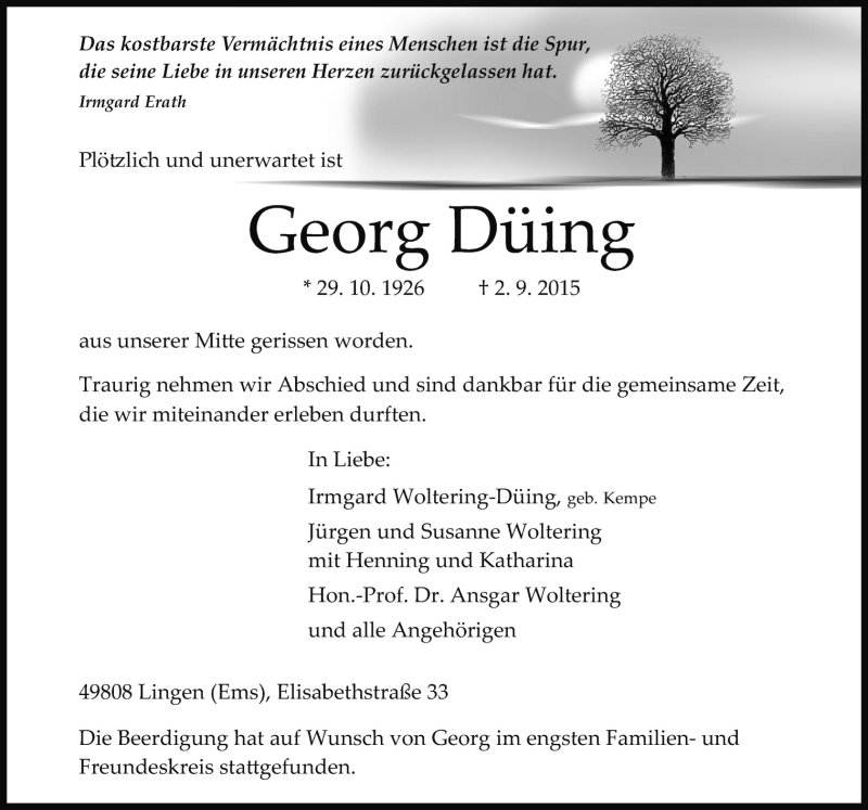  Traueranzeige für Georg Düing vom 08.09.2015 aus Neue Osnabrücker Zeitung GmbH & Co. KG