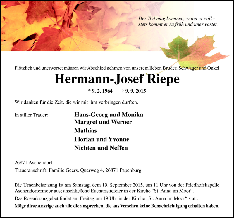  Traueranzeige für Hermann-Josef Riepe vom 15.09.2015 aus Neue Osnabrücker Zeitung GmbH & Co. KG