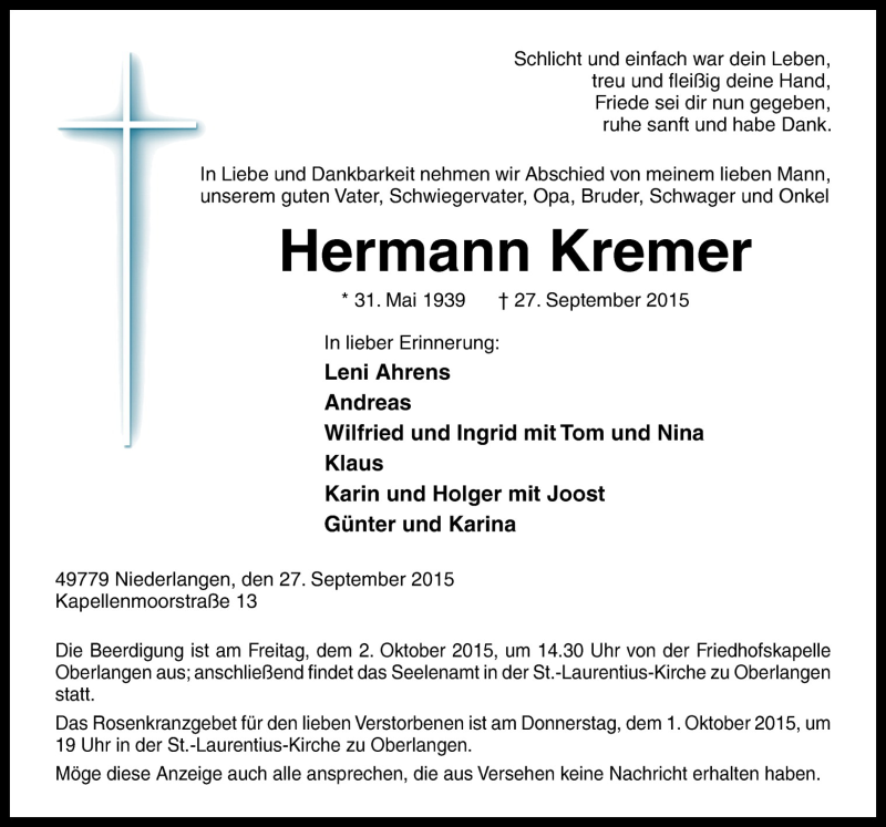  Traueranzeige für Hermann Kremer vom 29.09.2015 aus Neue Osnabrücker Zeitung GmbH & Co. KG