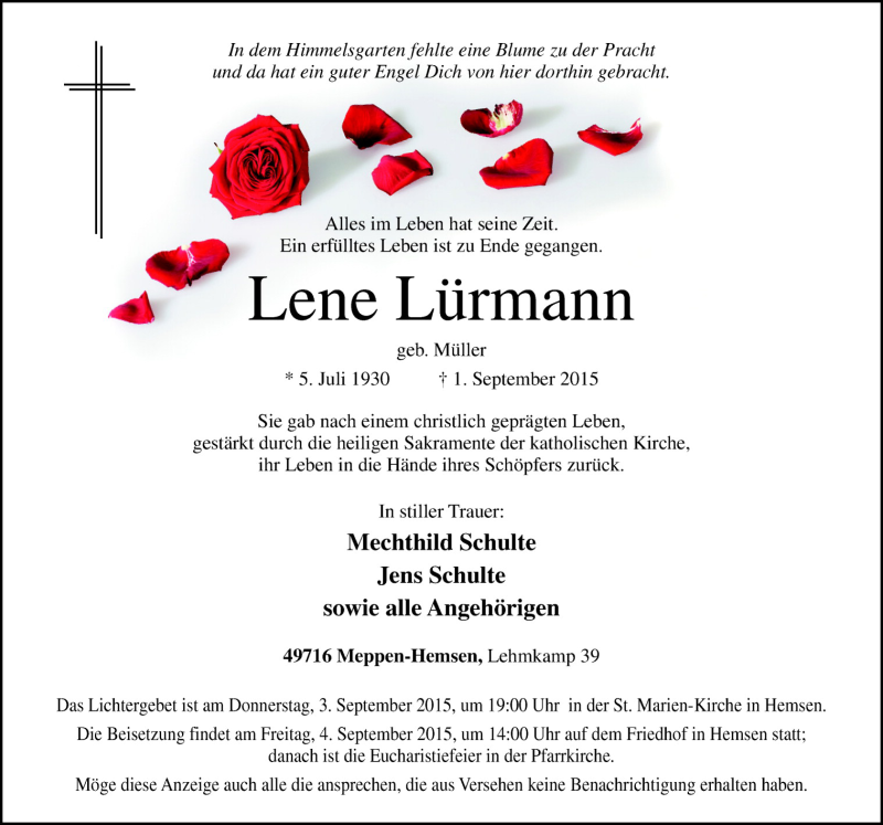  Traueranzeige für Lene Lürmann vom 03.09.2015 aus Neue Osnabrücker Zeitung GmbH & Co. KG