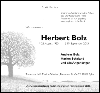 Traueranzeige von Herbert Bolz von Neue Osnabrücker Zeitung GmbH & Co. KG