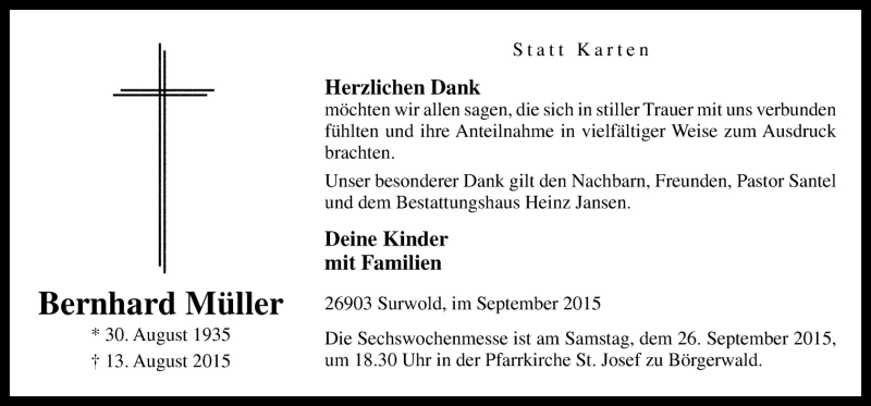  Traueranzeige für Bernhard Müller vom 26.09.2015 aus Neue Osnabrücker Zeitung GmbH & Co. KG
