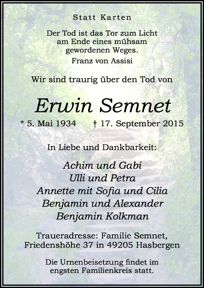  Traueranzeige für Erwin Semnet vom 26.09.2015 aus Neue Osnabrücker Zeitung GmbH & Co. KG