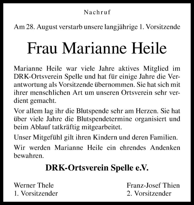  Traueranzeige für Marianne Heile vom 12.09.2015 aus Neue Osnabrücker Zeitung GmbH & Co. KG