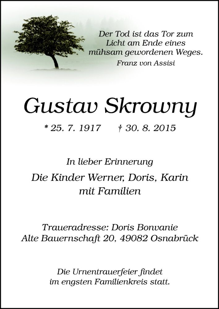  Traueranzeige für Gustav Skrowny vom 05.09.2015 aus Neue Osnabrücker Zeitung GmbH & Co. KG