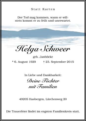 Traueranzeige von Helga Schweer von Neue Osnabrücker Zeitung GmbH & Co. KG