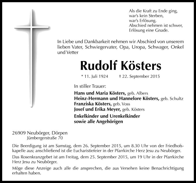  Traueranzeige für Rudolf Kösters vom 24.09.2015 aus Neue Osnabrücker Zeitung GmbH & Co. KG