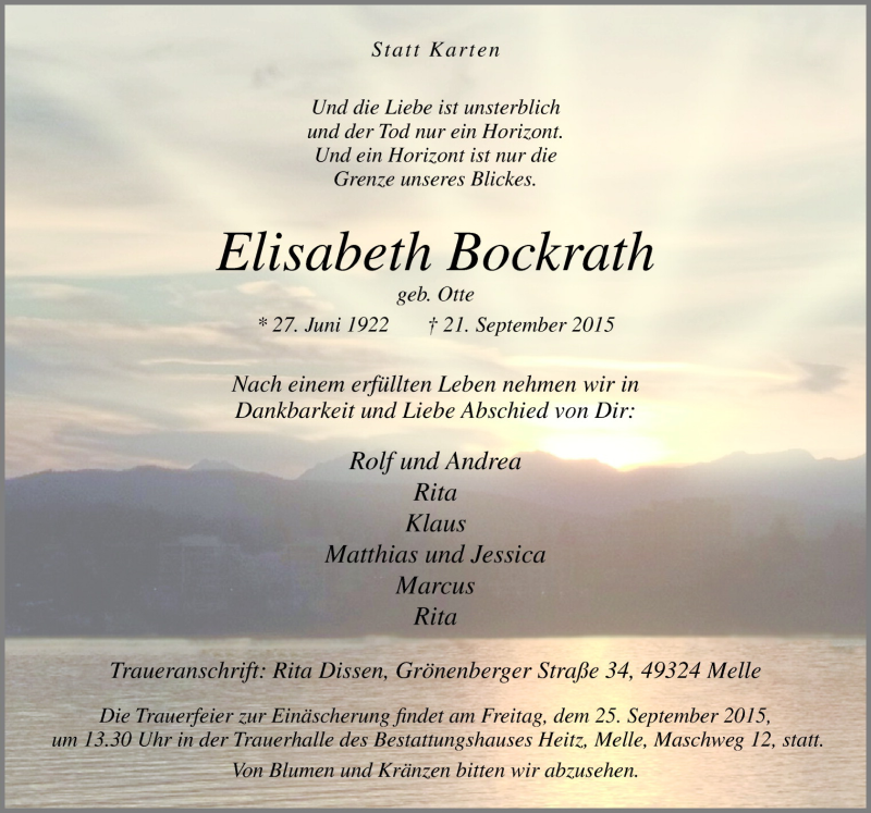  Traueranzeige für Elisabeth Bockrath vom 24.09.2015 aus Neue Osnabrücker Zeitung GmbH & Co. KG
