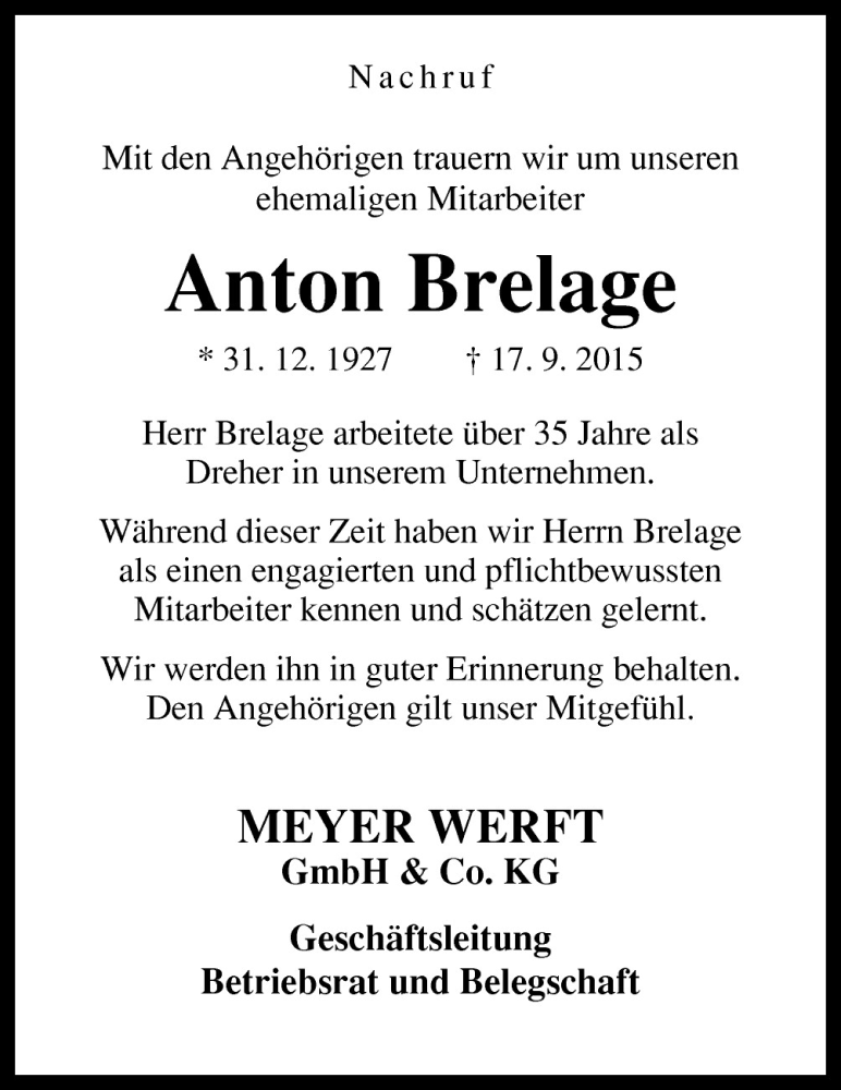  Traueranzeige für Anton Brelage vom 23.09.2015 aus Neue Osnabrücker Zeitung GmbH & Co. KG