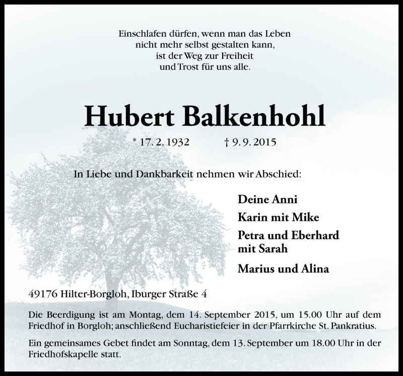  Traueranzeige für Hubert Balkenhohl vom 12.09.2015 aus Neue Osnabrücker Zeitung GmbH & Co. KG