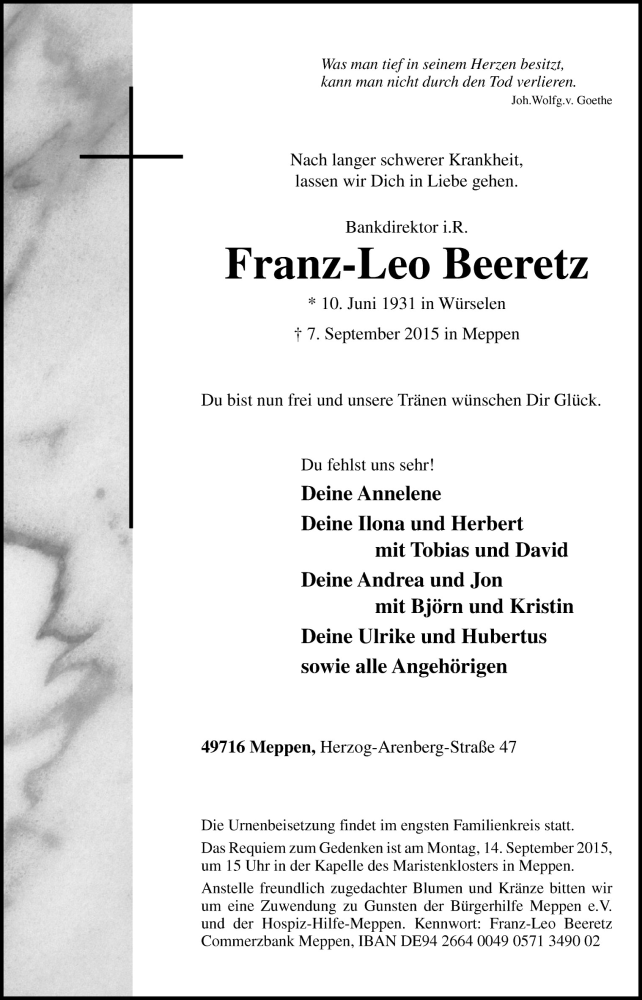  Traueranzeige für Franz-Leo Beeretz vom 09.09.2015 aus Neue Osnabrücker Zeitung GmbH & Co. KG
