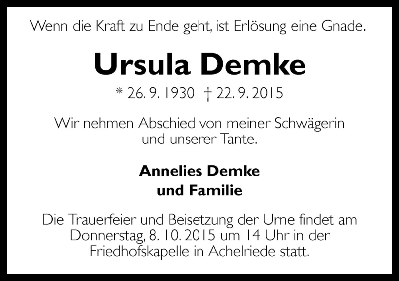  Traueranzeige für Ursula Demke vom 30.09.2015 aus Neue Osnabrücker Zeitung GmbH & Co. KG