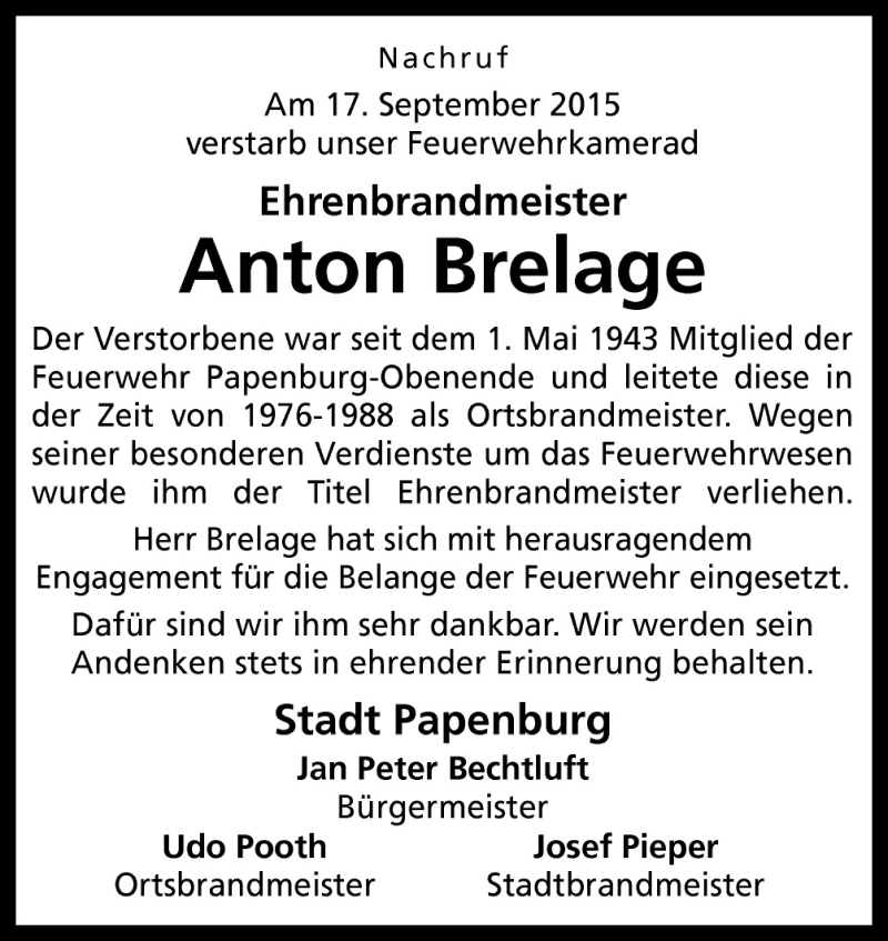  Traueranzeige für Anton Brelage vom 21.09.2015 aus Neue Osnabrücker Zeitung GmbH & Co. KG