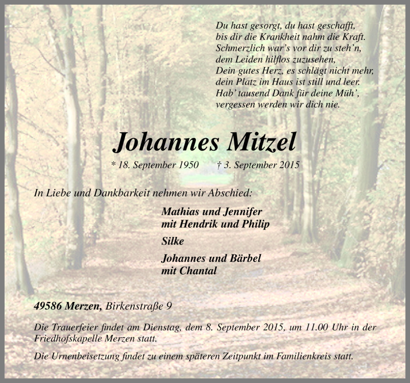  Traueranzeige für Johannes Mitzel vom 07.09.2015 aus Neue Osnabrücker Zeitung GmbH & Co. KG