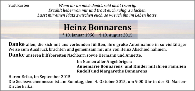  Traueranzeige für Heinz Bonnarens vom 30.09.2015 aus Neue Osnabrücker Zeitung GmbH & Co. KG