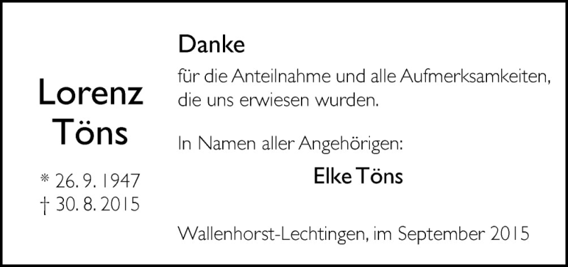  Traueranzeige für Lorenz Töns vom 26.09.2015 aus Neue Osnabrücker Zeitung GmbH & Co. KG