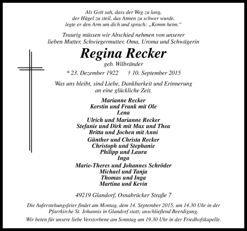  Traueranzeige für Regina Recker vom 11.09.2015 aus Neue Osnabrücker Zeitung GmbH & Co. KG