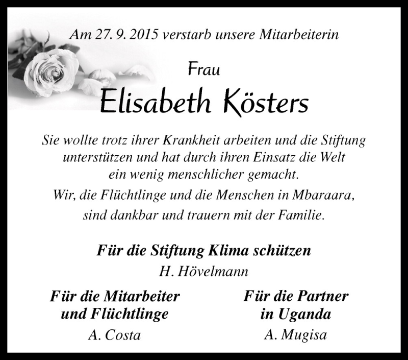  Traueranzeige für Elisabeth Kösters vom 30.09.2015 aus Neue Osnabrücker Zeitung GmbH & Co. KG