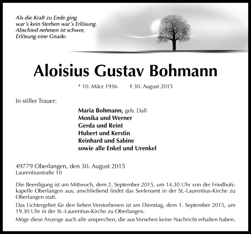  Traueranzeige für Aloisius Gustav Rohmann vom 01.09.2015 aus Neue Osnabrücker Zeitung GmbH & Co. KG