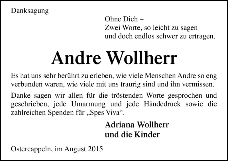  Traueranzeige für Andre Wollherr vom 05.09.2015 aus Neue Osnabrücker Zeitung GmbH & Co. KG