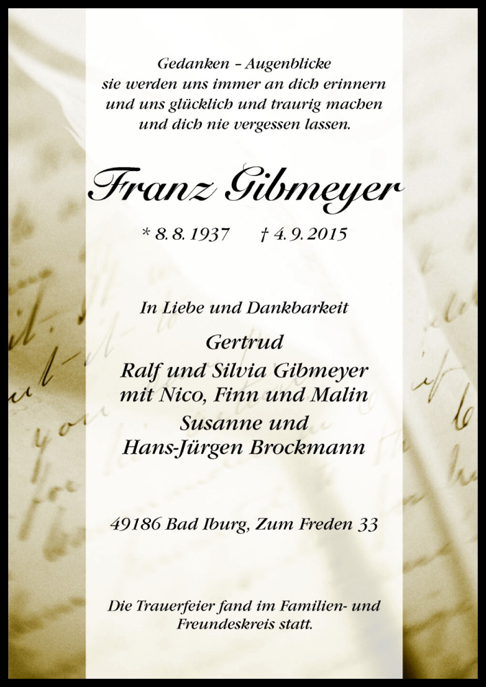  Traueranzeige für Franz Gibmeyer vom 12.09.2015 aus Neue Osnabrücker Zeitung GmbH & Co. KG