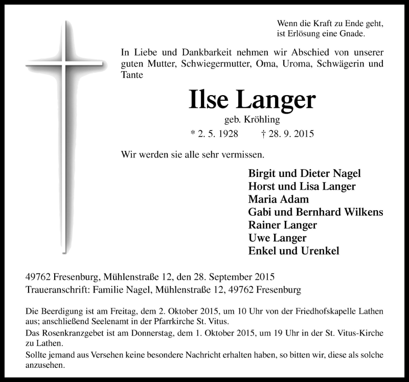  Traueranzeige für Ilse Langer vom 30.09.2015 aus Neue Osnabrücker Zeitung GmbH & Co. KG