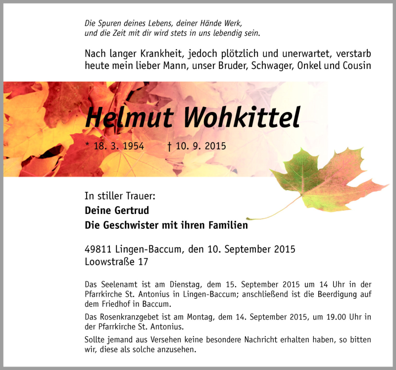  Traueranzeige für Helmut Wohkittel vom 14.09.2015 aus Neue Osnabrücker Zeitung GmbH & Co. KG