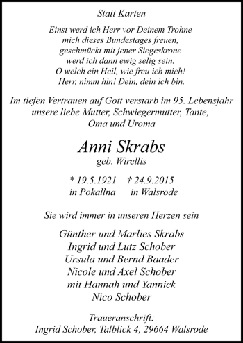Traueranzeige von Anni Skrabs von Neue Osnabrücker Zeitung GmbH & Co. KG