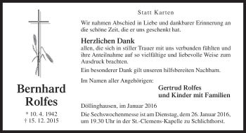 Traueranzeige von Bernhard Roles von Neue Osnabrücker Zeitung GmbH & Co. KG