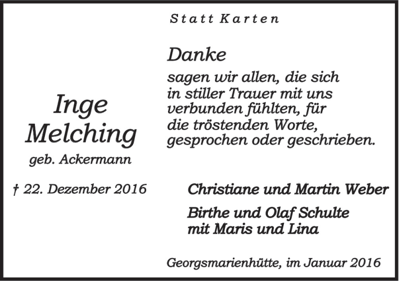  Traueranzeige für Inge Melching vom 30.01.2016 aus Neue Osnabrücker Zeitung GmbH & Co. KG