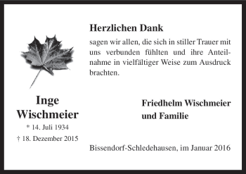 Traueranzeige von Inge Wischmeier von Neue Osnabrücker Zeitung GmbH & Co. KG