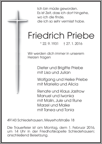 Traueranzeige von Friedrich Priebe von Neue Osnabrücker Zeitung GmbH & Co. KG