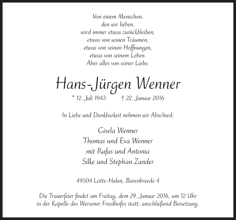  Traueranzeige für Hans-Jürgen Wenner vom 26.01.2016 aus Neue Osnabrücker Zeitung GmbH & Co. KG