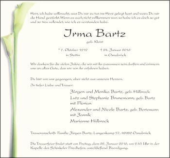 Traueranzeige von Irma Bartz von Neue Osnabrücker Zeitung GmbH & Co. KG