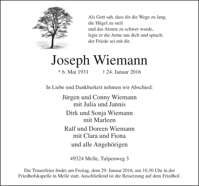  Traueranzeige für Joseph Wiemann vom 27.01.2016 aus Neue Osnabrücker Zeitung GmbH & Co. KG
