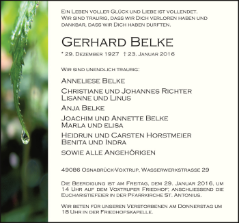 Traueranzeige von Gerhard Belke von Neue Osnabrücker Zeitung GmbH & Co. KG