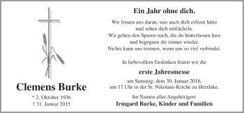 Traueranzeige von Clemens Burke von Neue Osnabrücker Zeitung GmbH & Co. KG