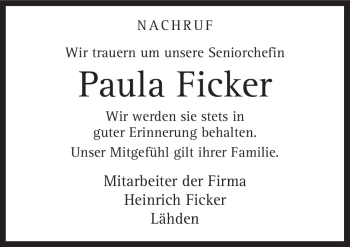 Traueranzeige von Paula Ficker von Neue Osnabrücker Zeitung GmbH & Co. KG