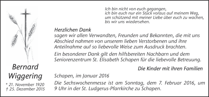  Traueranzeige für Bernard Wiggering vom 30.01.2016 aus Neue Osnabrücker Zeitung GmbH & Co. KG