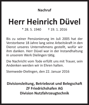 Traueranzeige von Heinrich Düvel von Neue Osnabrücker Zeitung GmbH & Co. KG