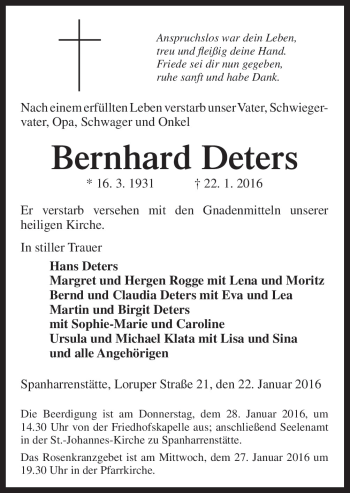 Traueranzeige von Bernhard Deters von Neue Osnabrücker Zeitung GmbH & Co. KG