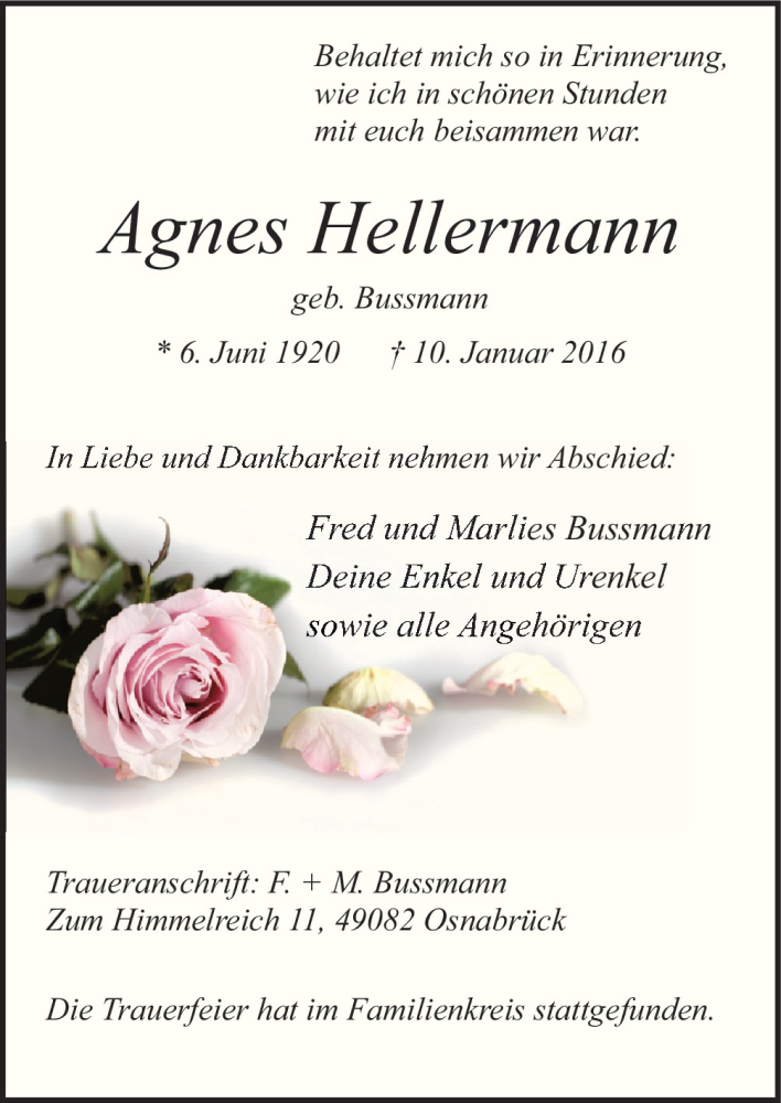  Traueranzeige für Agnes Hellermann vom 23.01.2016 aus Neue Osnabrücker Zeitung GmbH & Co. KG