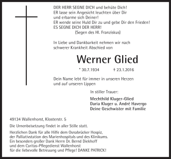 Traueranzeige von Werner Glied von Neue Osnabrücker Zeitung GmbH & Co. KG